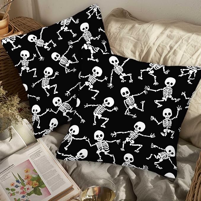 Skeleton Throw Pillow Cover 18x18 Set of 2, Halloween Skull Cushion Case for Couch, Sofa, Bed and Living Room, Zipper Closure Pillow Cases, Home Decor for All Seasons