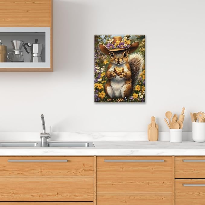 Western Squirrel Wall Art, Squirrel Peanut Pictures Wall Decor, Country Rustic Animal Canvas Prints, Forest Flower Painting, Framed Artwork for Bathroom Living Room Bedroom Dining Room 24"X16"