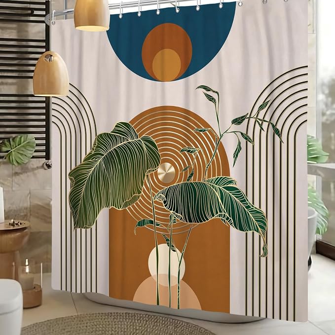Boho Shower Curtain for Bathroom Modern Mid Century Plant Palm Leaves Bath Curtain Modern Minimalist Geometric Arch Bath Decor Waterproof Polyester Fabric Curtains Set 72x72 inch