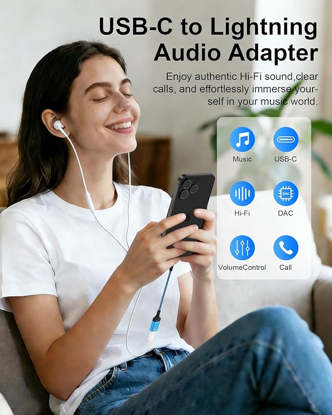 USB C to Lightning Female Headphone Adapter, Lightning to USB C Audio Adapter with Ear Buds/Earphones for iPhone 17 Pro Max 17 Air 16 Pro 16e 16 Plus 15 15Pro Max, iPad Pro Air Mini, Not for Charging