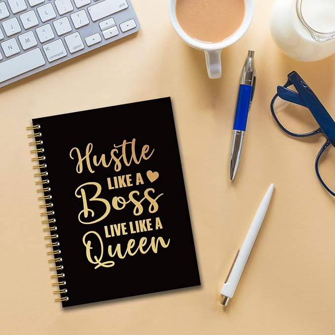 YAZMEEN Boss Lady Black Gold Spiral Notebook（160 Pages） Hustle Like A Boss Live Like A Queen Blank Hardcover Notebook Boss Appreciation Gift Funny Motivational Gift for Women Boss Entrepreneur Friend