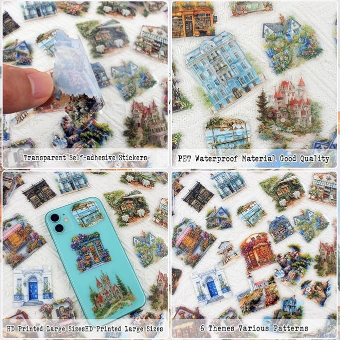 Dwpetzo 6 Pack 180Pcs Nature Scenery Tree House Cottage Castle Manor Scene Stickers for Journaling, Transparent PET Stickers for Scrapbooking, Junk Journal Supplies, Bujo, Collage