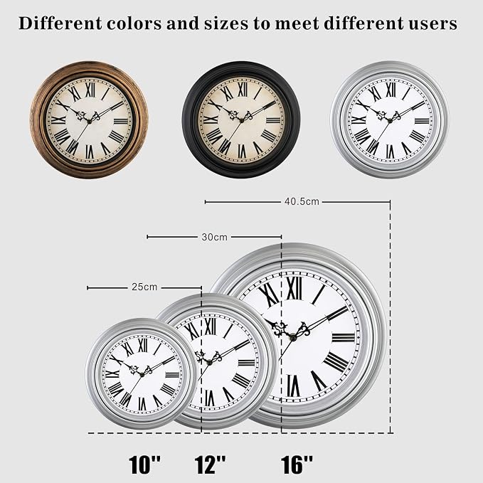 Plumeet Retro Wall Clock, 12'' Non Ticking Classic Silent Vintage Wall Clocks Decorative Kitchen Living Room Bedroom, Roman Numerals, Battery Operated, Silver