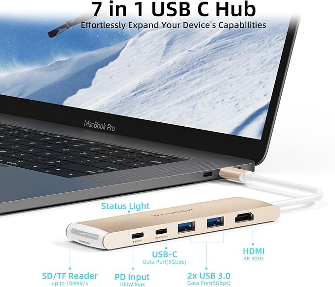 WALNEW 7 in 1 USB-C Hub with 4K HDMI,100W PD,5Gbps Data Port(1 Type-C & 2 USB 3.0),SD/TF Reader, Thunderbolt 4 Dock Multiport Adapter for MacBook Pro Air,Mac,iPad 10/Mini 6,Surface (Starlight)
