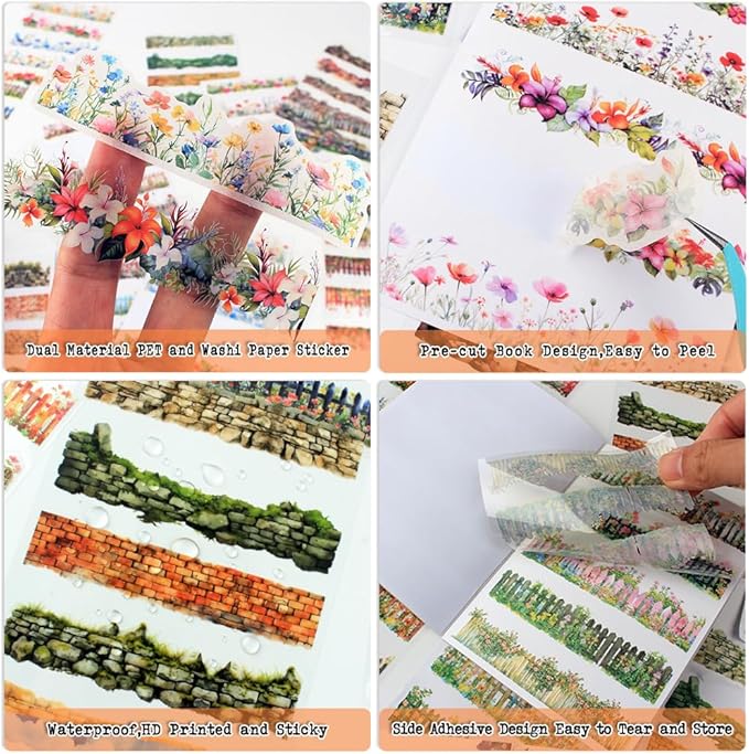 20 Sheets Gardening Scene Pre-Cut Sticker Book for Junk Journal Supplies, Flower Fence Retro Wall Collage Background Journaling Stickers, PET and Washi Stickers for Adults Planner Bujo