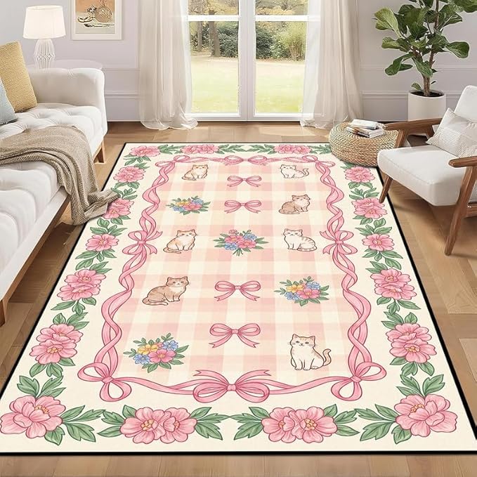 5'x7' Cat Floral Area Rug Pink Bow Flower Carpet Washable Rug Cute Cartoon Boho Floor Mat for Bedroom Living Room Nursery Playroom Classroom Home Decor