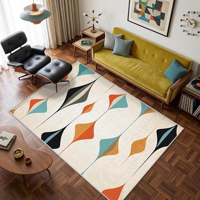 Mid Century Modern Rug 8x8, Washable Retro Geometric Rugs for Living Room Bedroom, Minimalist Area Rug for Home Decor, Non Slip Backing Floor Carpet with Gripper - 8 x 8 ft