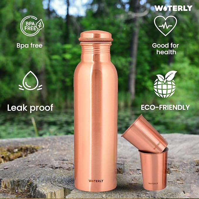 Plain Copper Water Bottle (34 Oz /1000ml) With Set Of 2 Tumbler (10 Oz/300ml Each) | Best use for Office,Gym & gifts |100% Pure Copper Material with Leak proof Quality Made In India