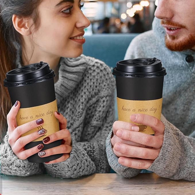 Lamosi 20 oz Disposable Coffee Cups with Lids 50 Pack, Hot Paper To Go Cups with Lids, Stir Sticks and Sleeves, for Home, Travel, Office