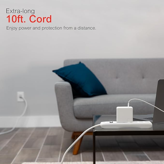 GE Surge Protector Power Strip, 10 Ft Extension Cord, 6 Outlet Extender, 800 Joules, Flat Plug, Twist-to-Close Safety Covers, ETL Listed, White, 14092