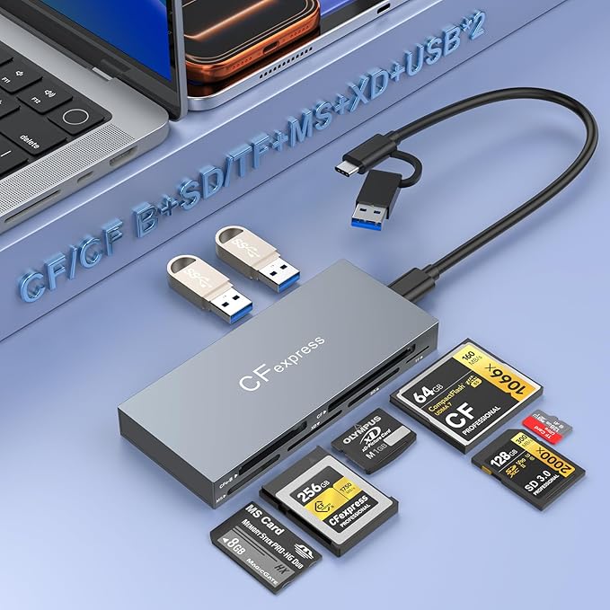Multi 8 in 1 USB C/USB A for CFexpress Type B Card Reader,10Gbps CFexpress Adapter for Type B/CF/XD/MS/TF/SD Card with Windows/Mac/Linux/Android, for iPhone 16/15, iPad Pro/Samsung/Laptops/Tablets