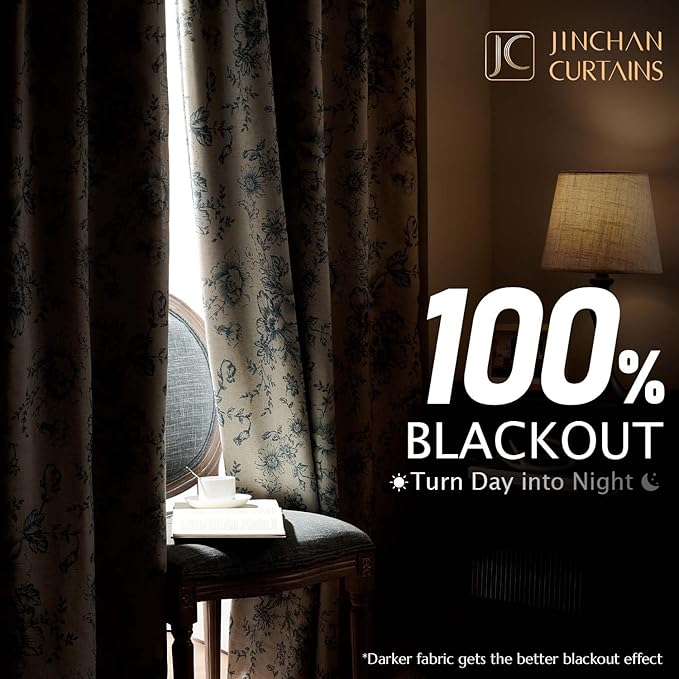 jinchan Blackout Linen Blend Curtain Floral Blackout Curtains for Living Room 63 Inch Length Blue Printed with Lined Blackout Curtain for Bedroom Farmhouse Curtains Set 2 Panels
