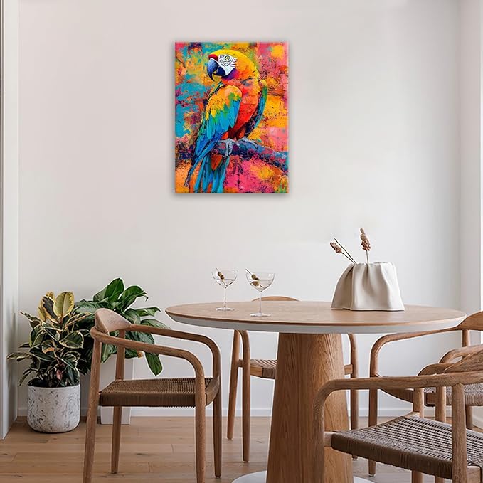 Parrot Wall Art, Graffiti Parrot Pictures Wall Decor, Colorful Birds Canvas Prints, Banksy Animal Painting, Framed Artwork for Bathroom Living Room Bedroom Office Dining Room 20"X16"