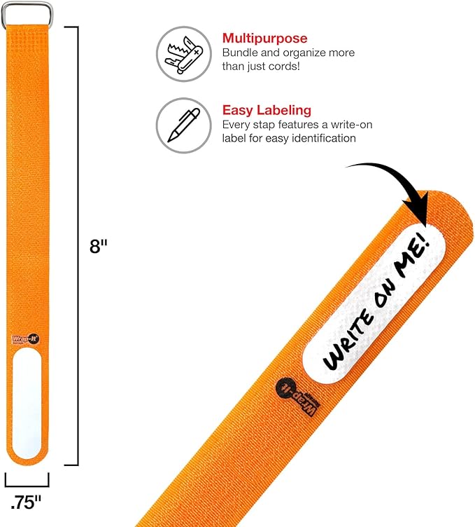 Wrap-It Storage Cinch-Straps, 8" 18 Pack (Orange), Features Buckle and Label for Cord Identification, Reusable Multi-Purpose Securing Cable Straps, Cord Wrap, Cord Organizers