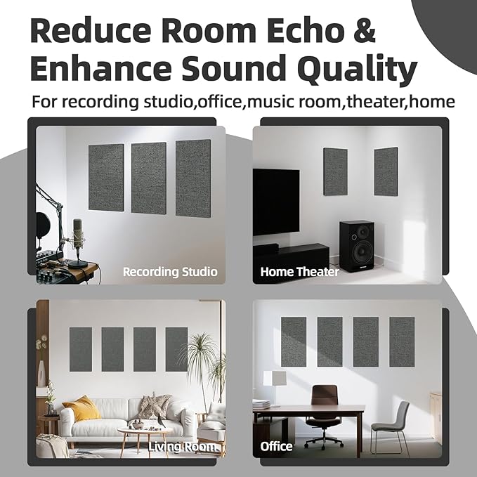 Art3dwallpanels 4 PCS Acoustic Panels, 24''x12'' Fabric Soundproof Wall Panels, Easy-Hook Mounting Sound Absorbing Panels for Studios, Office, Home Theater,Dark Grey