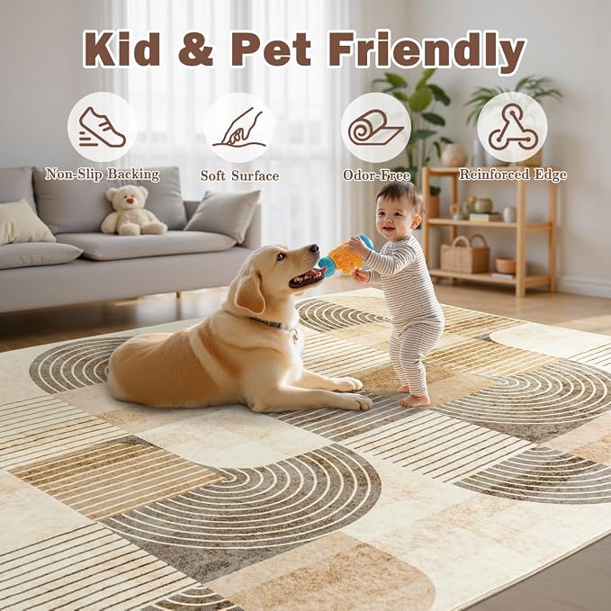 Area Rugs 9x12 Living Room-Washable Modern Geometric Neutral Beige Rug for Bedroom, Non-Slip Indoor Floor Abstract Carpet for Dining Room Nursery Office Home Decor
