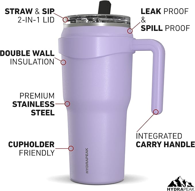 Hydrapeak Roadster 40oz Stainless Steel Tumbler Double Wall Vacuum Insulated Water Bottle With Handle And 2 in 1 Straw Lid (Orchid)