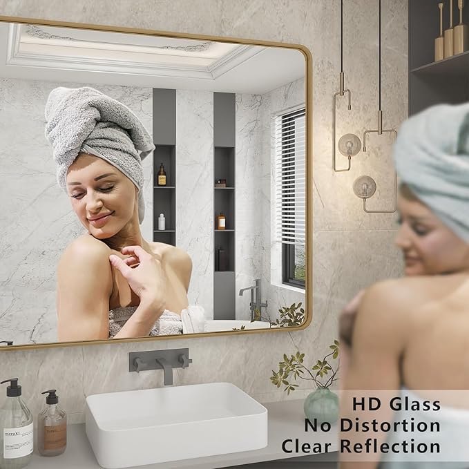 60x36 Gold Bathroom Mirror, Brushed Metal Frame Gold Vanity Mirror, Large Rectangle Mirror for Wall, Rounded Corner, Shatterproof, Anti-Rust (Horizontal/Vertical)