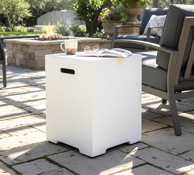 HillAethel 16-Inch Propane Tank Cover,20 LB Outdoor Tank Storage Hideaway Side Table for Gas Fire Pits,Light Concrete Tank Holder,White