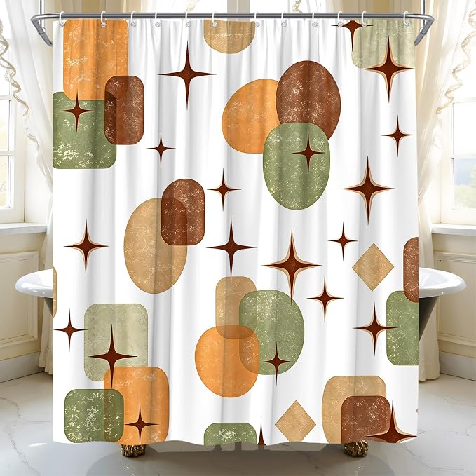 Boho Mid Century Shower Curtain Retro Abstract Geometric Shapes with Starburst Sage Green Beige and Terracotta Fabric Bath Curtain Polyester Bathroom Decor with Hooks (59"X72")