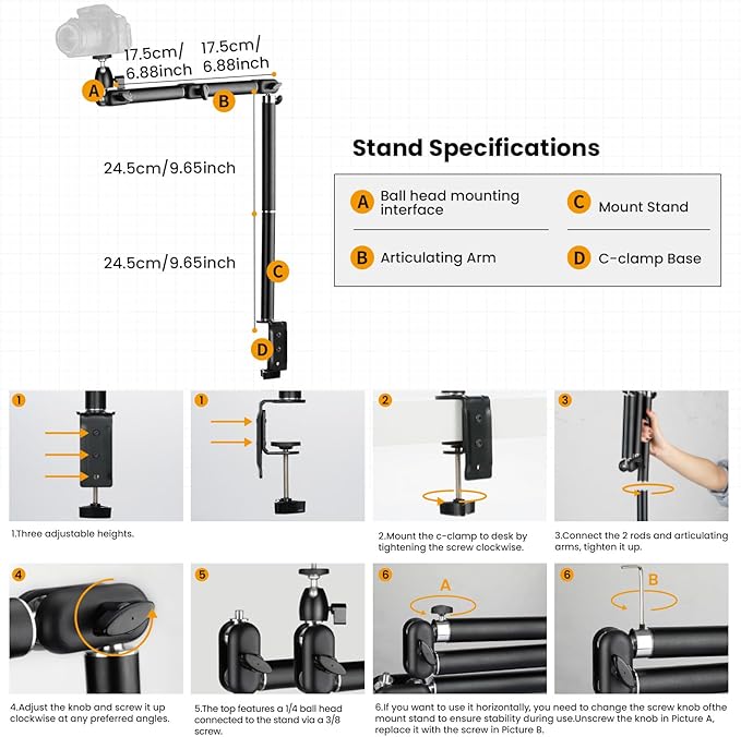TARION Desk Camera Mount Stand Heavy Duty Articulated Camera Arm Articulating Table Mount Stand Adjustable Flexible Gear Joints TKA01-L