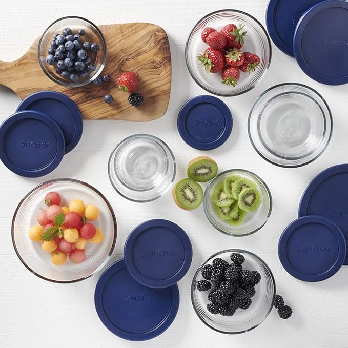 Anchor Hocking 18 Piece Glass Storage Containers with Lids (9 Glass Food Storage Containers & 9 Navy Blue SnugFit Lids)