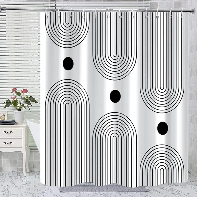 White and Black Extra Long Shower Curtain, Boho Minimalist Mid Century Modern Arch Geometric Machine Washable Waterproof Fabric for Bathroom Bathtub Decor with Hooks 72Wx84H