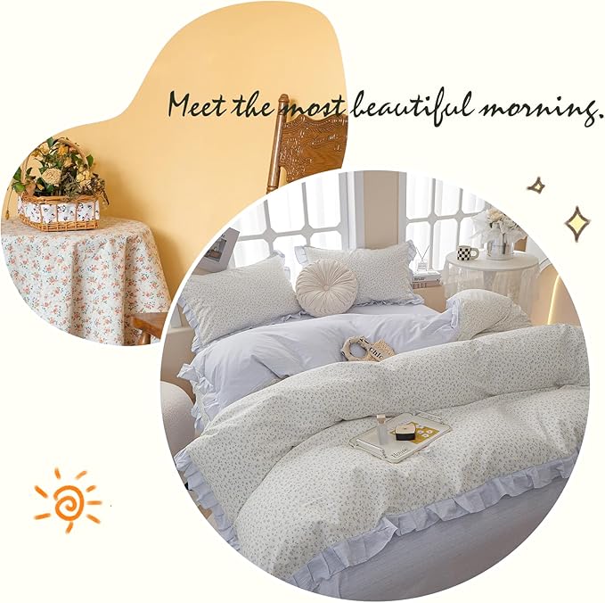 Floral Duvet Cover Queen Size Cute Blue Flower Bedding Cozy Duvet Cover Romantic Ruffle Comforter Cover Cotton Striped Girls Lace Princess Bedding Aesthetic Floral Comforter Cover with 2 Pillowcases