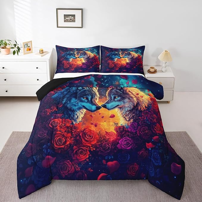 Wolf Comforter Set King Size,Wild Animal Print Couple Theme Reversible Bedding Set All Season Quilt Set,Romantic Red Rose Flowers Watercolor Galaxy Microfiber Polyester Down Comforter