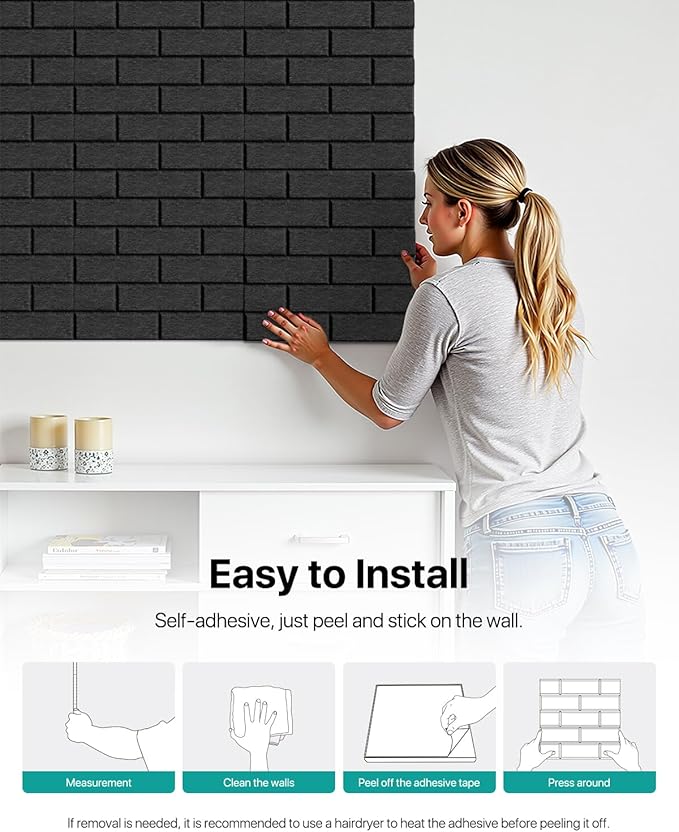 Soundproof Wall Panels Self-Adhesive, Acoustic Panels 12 Pack Brick Wall Panels, High Density Sound Dampening Panels for Walls, Office,Reccording Studio, Ceiling 12" X 12" X 0.4" Black