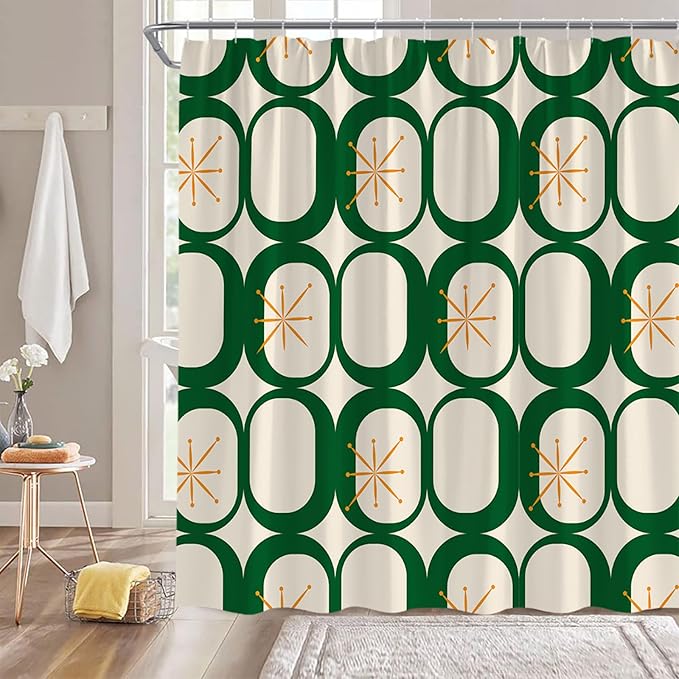 Mid Century Modern Extra Long Shower Curtain Abstract Atomic Geometric Round Squares Retro 50s Green Fabic with Hooks for Bathroom Decor,70x75 Inch