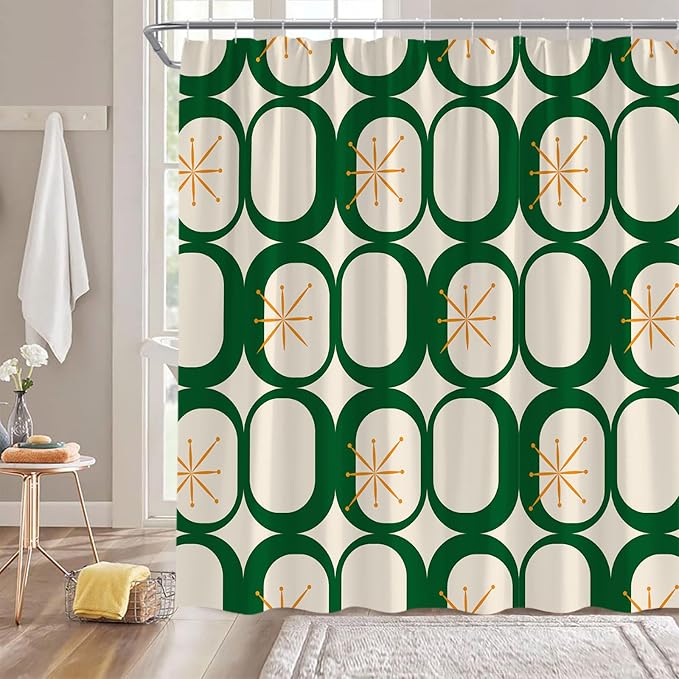 Mid Century Modern Extra Long Shower Curtain Abstract Atomic Geometric Round Squares Retro 50s Green Fabic with Hooks for Bathroom Decor,70x78 Inch