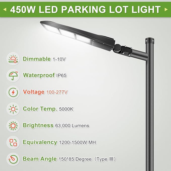 450W LED Parking Lot Lights, LED Street Area Lights, 20KV Surge Protector, 1-10V Dimmable, 1000-1500W MH Equiv LED Shoebox Lights, 63,000LM 5000K 100-277V DLC UL Certified