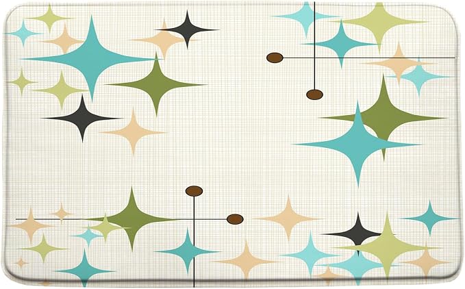 Mid Century Bath Mat Retro Atomic Stars 1950s 1960s Vintage Geometric Pattern Abstract Iconic Modern Teal Blue 19.7x31.5 Inches Indoor Outdoor Floor Rugs