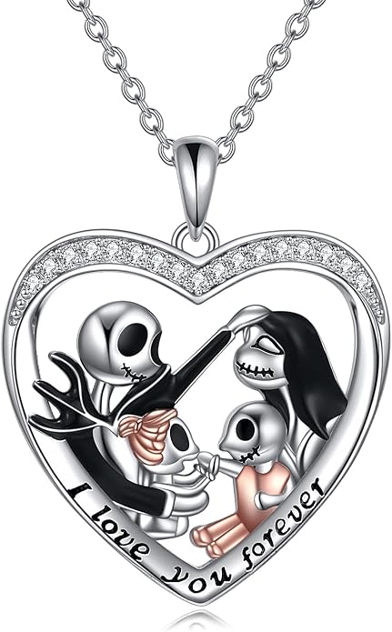 LILALO Christmas Gifts Nightmare Necklace Sterling Silver Abalone Shell Crystal Jack and Sally Necklace Jack Skellington Skull Jewelry Skull Necklaces for Women