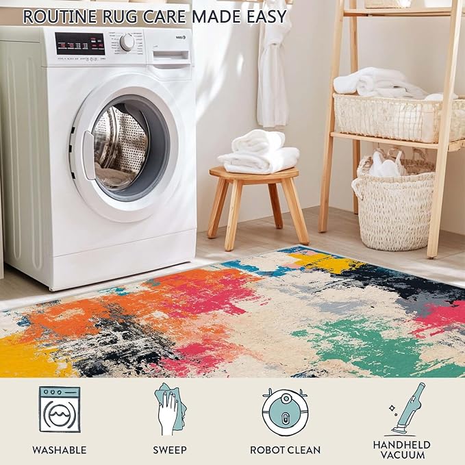 5x7 Colorful Area Rug Modern Abstract Beige Orange Yellow Pink Blue Black White Grey Rug Bedroom Low Pile Thin Large Carpet Living Room Non Slip Dining Room Stain Resistant Office Washable Machine