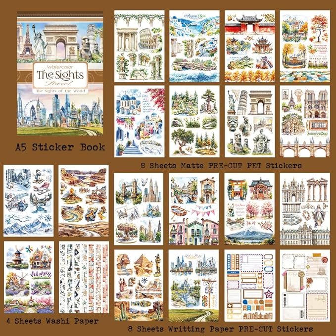 Dwpetzo Travel Scenery Scrapbook Stickers for Scrapbooking, Precut Landmark PET Washi Sticker Book for Journaling, Junk Journals Supplies, Planner, Crafts Arts, A5, 20 Sheets