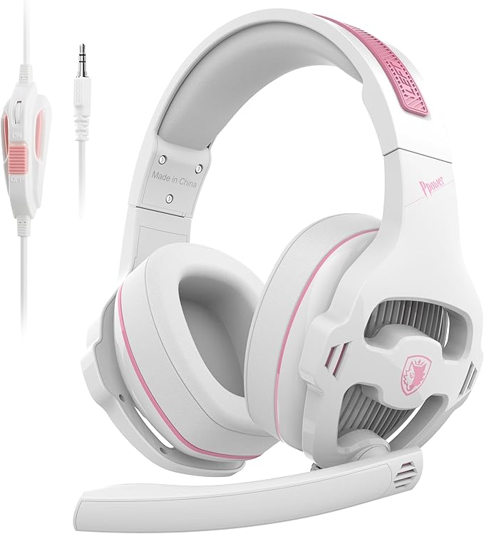 Globalsades SA726 Stereo Gaming Headset for Xbox One PS4 PS5 Controller, Over Ear Headphone with Mic Noise Cancelling Headset for PC Xbox Series (White Pink)