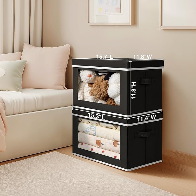 Large Storage Baskets Bins with Lids - Stackable Cube Bins for Closet, 3 Pack Black Windows Organizer Bins, Home Organizers and Storage for Clothes, CD, Towels