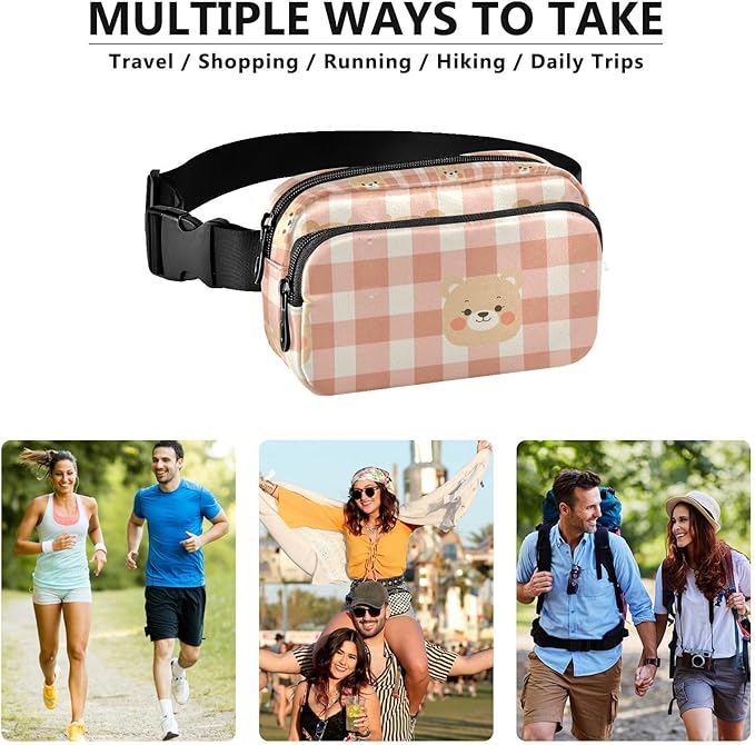 Kawaii Bear Plaid Fanny Pack for Women Men Water Resistant Fashion Waist Packs with Adjustable Strap Belt Bag for Travel Workout Jogging Hiking 21219455