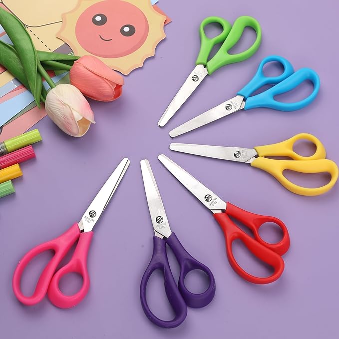 BURVAGY 12Pack 5.5" Safety Small School Kids Student Round Blunt Tip Craft Scissors Bulk, Stainless Steel Blades Comfort Grip Scissors for Kid Children Kindergarten Cutting Paper