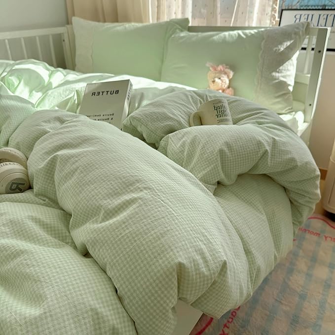 LifeTB Green Gingham Duvet Cover Twin XL 3 Pieces Romantic Lace Duvet Cover Soft Washed Microfiber Green Grid Plaid Comforter Cover with 2 Pillowcases Farmhouse Checkered Gingham Bedding Set