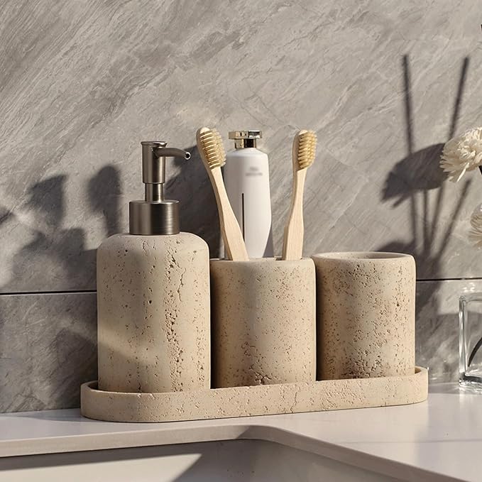 Liquid Soap Dispenser Refillable Stone Soap Dispenser Beige Travertine Liquid Shampoo Bottles Marble Hand Soap Dispenser for Bathroom Kitchen Decor