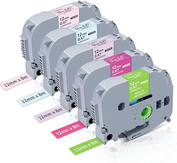 5P Compatible with Brother P Touch Label Tape TZe-MQP35 G35 F31 E31 MQ531 TZ Tape 12mm 0.47 Laminate(White Berry Pink/Lime Green,Pastel Pink/Purple/Blue) for Brother PTD210 PTD400 PTP300BT
