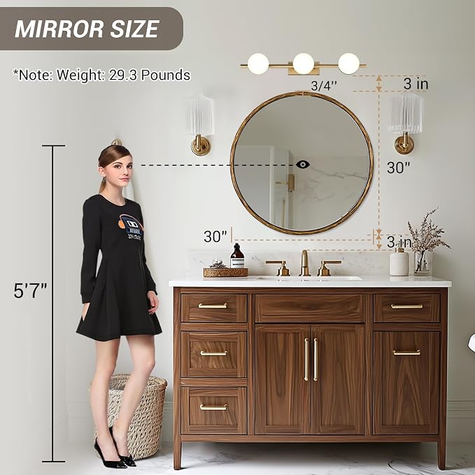 ANDY STAR 30 Inch Hand-Forged Round Gold Mirrors, Hammered Round Bathroom Mirror for Over Sink, Brass Vanity Circle Mirror for Antique, Vintage, Farmhouse, Rustic, Solid Steel Metal Frame