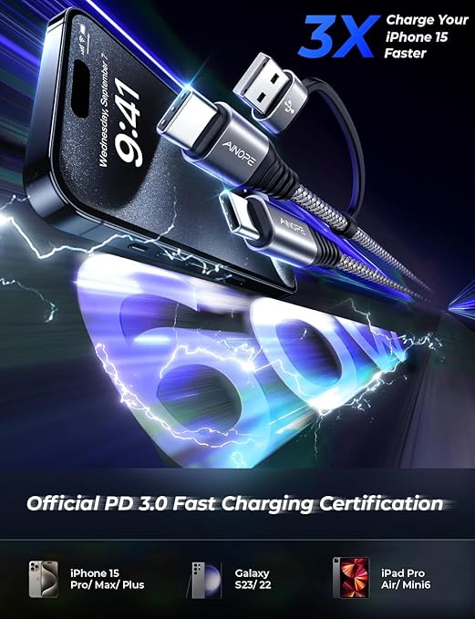 AINOPE USB C to USB C Cable, 2 Pack 6 FT USB C Cable Fast Charging with USB to USB C Adapter, 60W USB to USBC Cable for iPhone 17 Pro Max Air Type C Cable for iPhone 16/15/14/13/12, Black