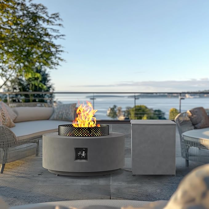 32 Inch Fire Pit Table, 3-Piece Outdoor Propane Fire Pit Table 65,000 BTU Round Gas Firepit, Wind Guard, 16 inches Tank Side Table and Baking Sheet for Garden, Patio, Grey