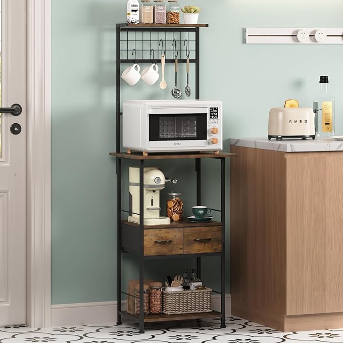 GiftGo Small Coffee Bar Station Narrow Corner Baker Rack Stand with 2 Storage Fabric Drawers 5 S Hooks for Small Spaces Farmhouse Bakers Rack for Kitchen, Entryway, Living Room (Brown, Narrow)