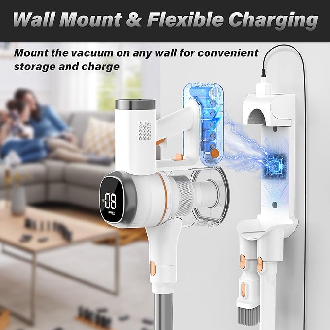 Tikom V500 Cordless Vacuum Cleaner for Home, 40000Pa/450W Stick Vacuum with LED Touch Screen, Charging Wall Dock, Anti-Tangle, Lightweight Handheld Vacuum for Pet Hair, Hard Floor, Carpet