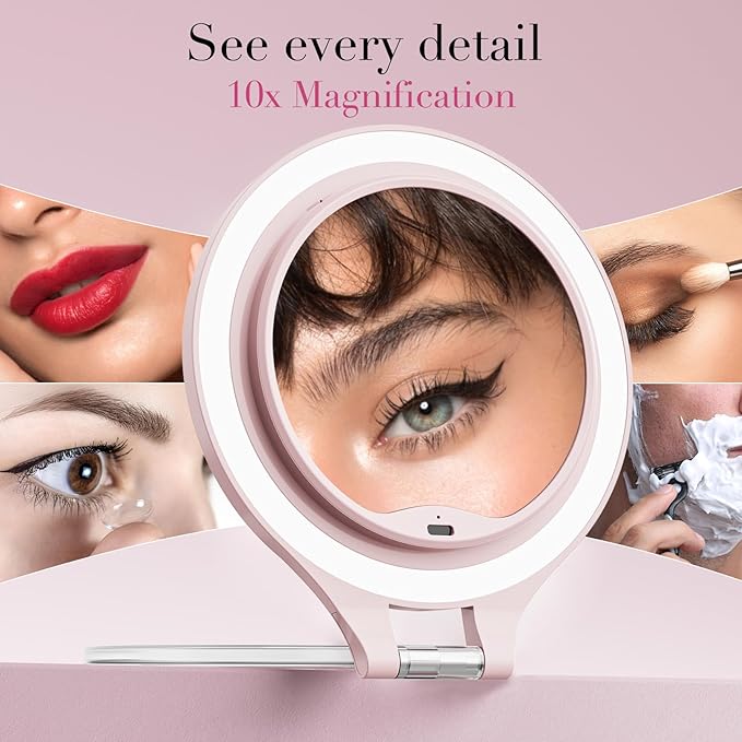 Magnifying Mirror with Light 10X/1X, Double Sided travel mirror with light, Rechargeable makeup mirror with 3 color setting Adjustable stand Lighted mirror Vanity Portable Desk Cosmetic Mirror